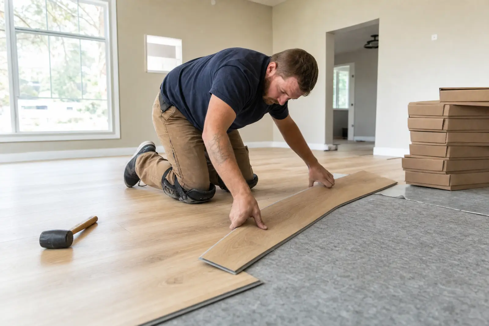 An installer clicking a light oak vinyl plank into place