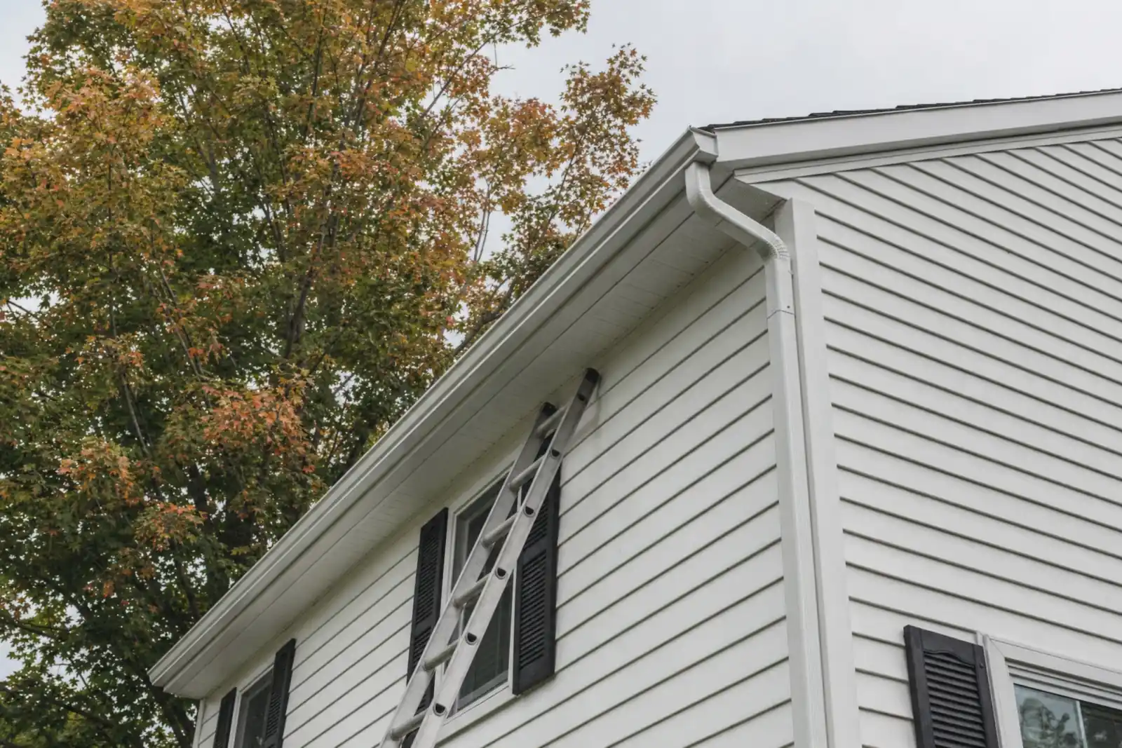 A new white seamless gutter and downspout on a clapboard house