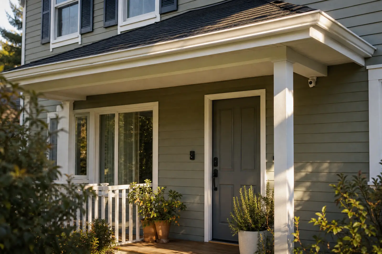 A front porch with a video doorbell and a security camera under the eave