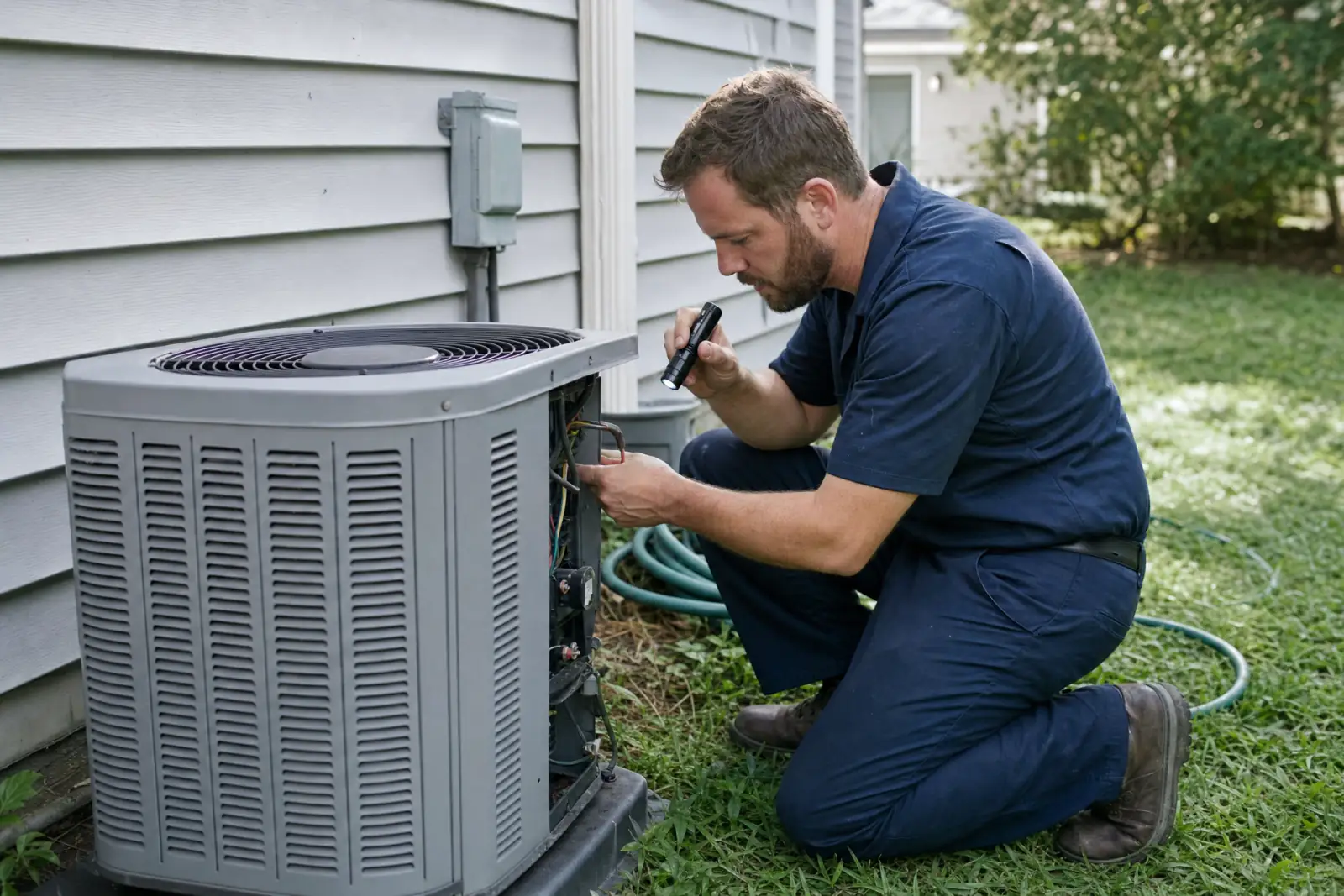 An HVAC technician checking an outdoor air conditioner beside a house