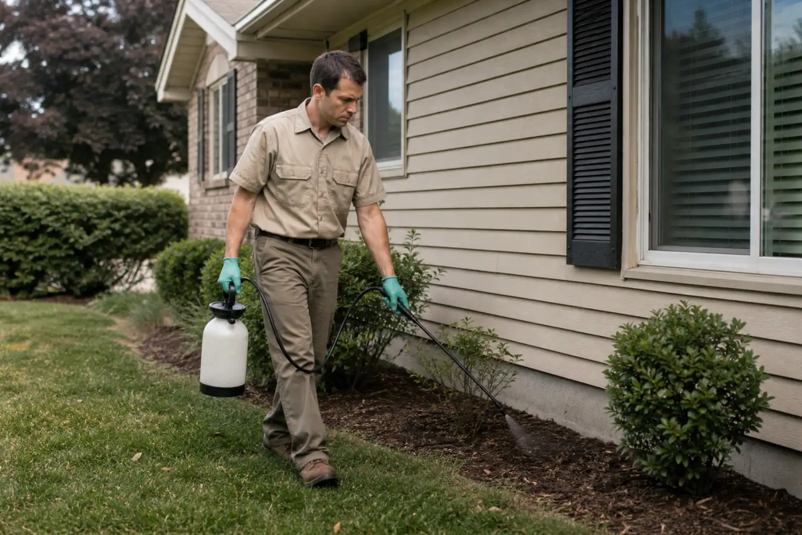 A pest control technician treating the foundation of a house