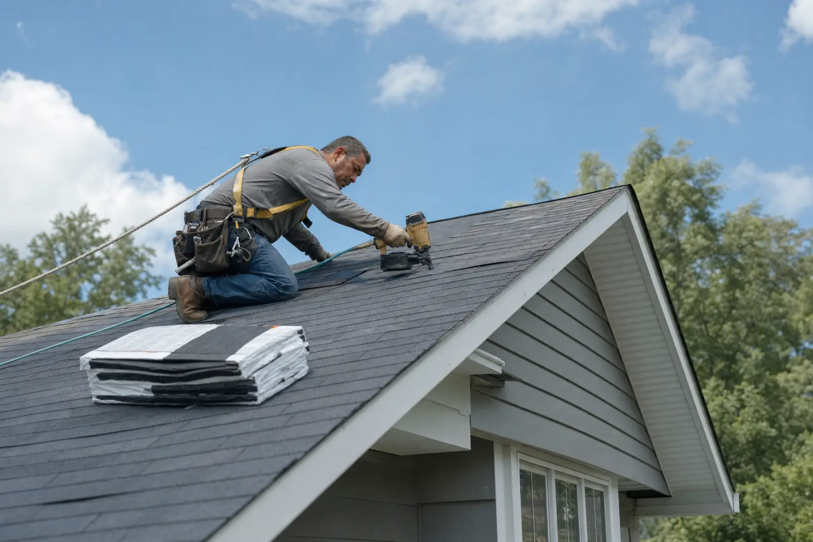 A roofer in a safety harness installing asphalt shingles
